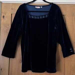Quacker Factory Rhinestone Square neck Navy Velour Tunic Top Womens L Festive